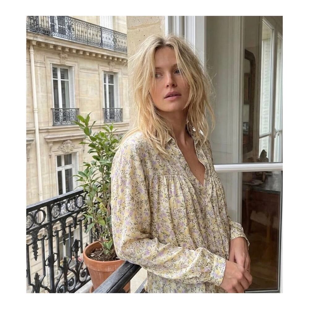 ZARA Preppy Summer Blouse Floral V-Neck Collared Balloon Sleeve Pleated Top - Picture 2 of 15